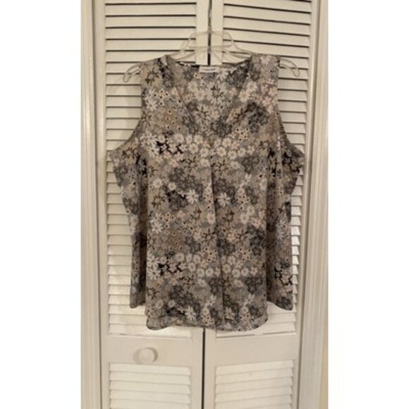 Calvin Klein Women's Sleeveless Blouse XL Grey Floral Pattern Career Elegant - Picture 1 of 7